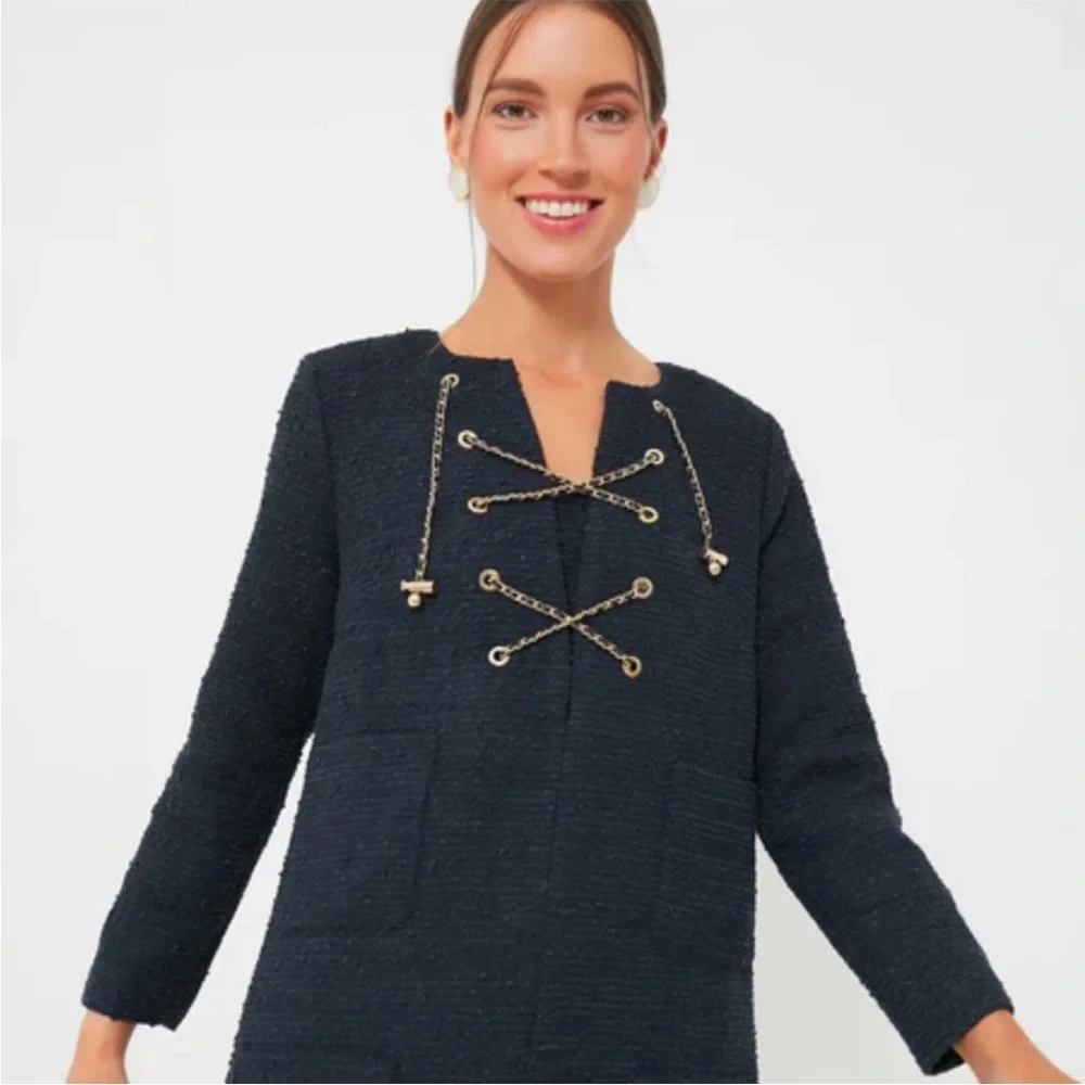 Tuckernuck Navy Tie Tweed Kelly Notched Neckline Mini Dress NWT Size M - Picture 8 of 9